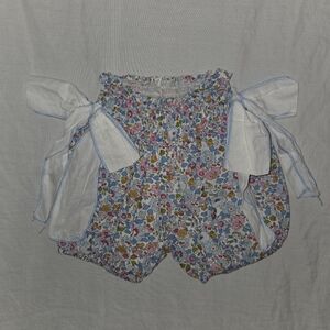 Baby Girl's Floral Smocked Shorts with Side Tie Detail - Blue Multi